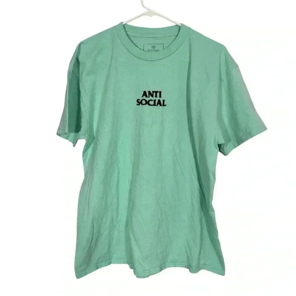 Men’s T-Shirt Red Eight Brand "Anti Social" Turquoise Embroidered Logo Size L